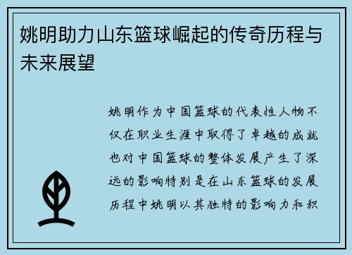 姚明助力山东篮球崛起的传奇历程与未来展望